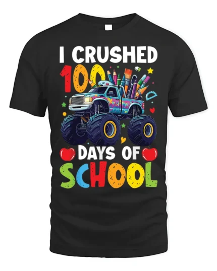 I Crushed 100 Days of School Monster Truck T-Shirt - black t-shirt on white background