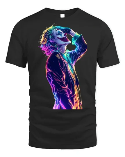 Neon Joker Art Comic Fan T-Shirt - black t-shirt on white background