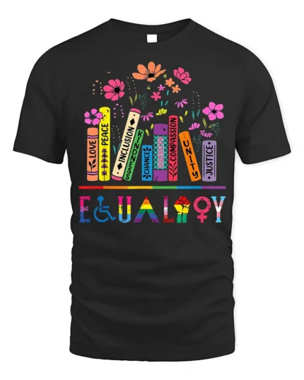Equality and Inclusivity Pride Book T-Shirt - black t-shirt on white background