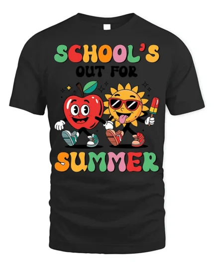 School’s Out For Summer Apple Sun T-Shirt - black t-shirt on white background