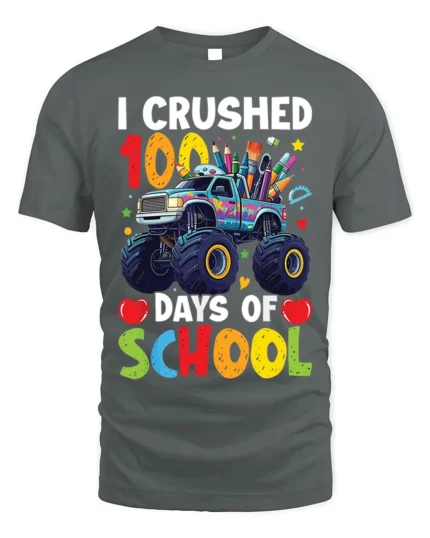 I Crushed 100 Days of School Monster Truck T-Shirt - gray t-shirt on white background