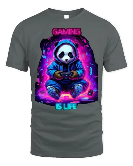 Gaming Is Life Panda Gamer T-Shirt - gray t-shirt on white background