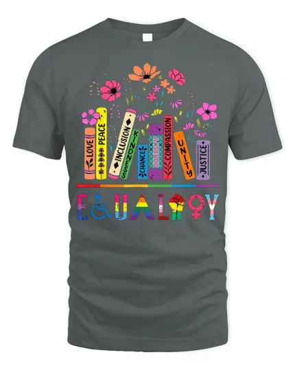 Equality and Inclusivity Pride Book T-Shirt - gray t-shirt on white background