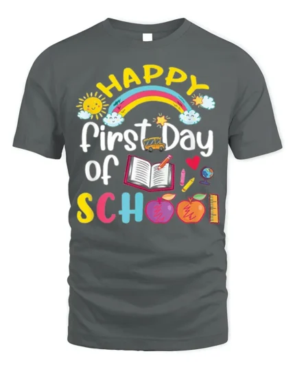 Happy First Day of School Rainbow T-Shirt - gray t-shirt on white background