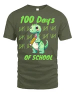 100 Days of School Dinosaur Tally T-Shirt - military green t-shirt on white background
