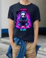 Gaming Is Life Panda Gamer T-Shirt - model wearing navy shirt, hands in pockets
