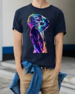 Neon Joker Art Comic Fan T-Shirt - model wearing navy shirt, hands in pockets