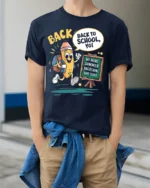 Back To School Yo Pencil Tee - model wearing navy shirt, hands in pockets