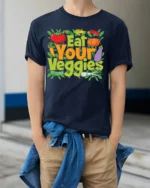 Eat Your Veggies Healthy Diet T-Shirt - model wearing navy shirt, hands in pockets