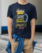 Save Water Drink Beer Funny T-Shirt - model wearing navy shirt, hands in pockets