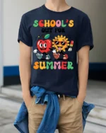 School’s Out For Summer Apple Sun T-Shirt - model wearing navy shirt, hands in pockets