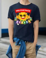 Welcome Back To School Sun Fun T-Shirt - model wearing navy shirt, hands in pockets