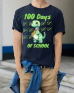 100 Days of School Dinosaur Tally T-Shirt - model wearing navy shirt, hands in pockets