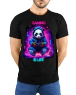 Gaming Is Life Panda Gamer T-Shirt - model wearing black shirt, hands behind back