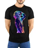 Neon Joker Art Comic Fan T-Shirt - model wearing black shirt, hands behind back