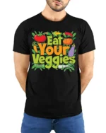 Eat Your Veggies Healthy Diet T-Shirt - model wearing black shirt, hands behind back