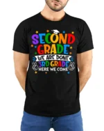 2nd Grade Done 3rd Grade Here We Come T-Shirt - model wearing black shirt, hands behind back