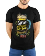 Save Water Drink Beer Funny T-Shirt - model wearing black shirt, hands behind back