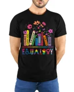 Equality and Inclusivity Pride Book T-Shirt - model wearing black shirt, hands behind back