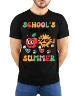 School’s Out For Summer Apple Sun T-Shirt - model wearing black shirt, hands behind back