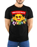 Welcome Back To School Sun Fun T-Shirt - model wearing black shirt, hands behind back