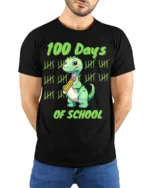 100 Days of School Dinosaur Tally T-Shirt - model wearing black shirt, hands behind back