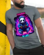 Gaming Is Life Panda Gamer T-Shirt - model in grey shirt leaning against column