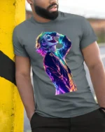 Neon Joker Art Comic Fan T-Shirt - model in grey shirt leaning against column