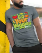 Eat Your Veggies Healthy Diet T-Shirt - model in grey shirt leaning against column