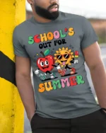 School’s Out For Summer Apple Sun T-Shirt - model in grey shirt leaning against column