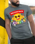 Welcome Back To School Sun Fun T-Shirt - model in grey shirt leaning against column