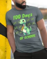 100 Days of School Dinosaur Tally T-Shirt - model in grey shirt leaning against column