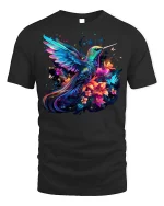 Radiant Hummingbird and Flowers T-Shirt Nature Tee - black t-shirt on white background