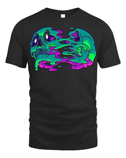 Melting Skull Duo T-Shirt Neon Skeleton Tee - black t-shirt on white background