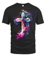 Vibrant Smoke Cross T-Shirt Spiritual Art Tee - black t-shirt on white background