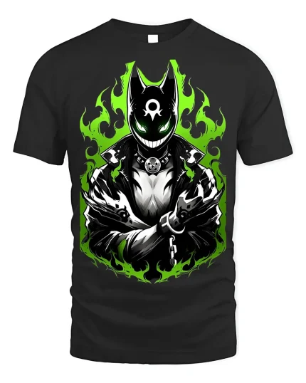Neon Flame Masked Figure T-Shirt Edgy Graphic Tee - black t-shirt on white background
