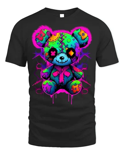 Neon Patchwork Teddy T-Shirt Cute Goth Bear Tee - black t-shirt on white background
