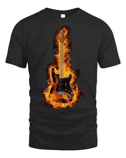 Flaming Guitar T-Shirt Rock Music Lover Tee - black t-shirt on white background