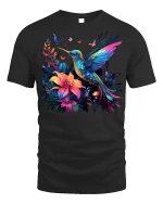 Vibrant Hummingbird and Floral T-Shirt Nature Lover Tee - black t-shirt on white background