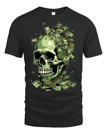 Money Skull T-Shirt Dollar Bills Graphic Tee - black t-shirt on white background