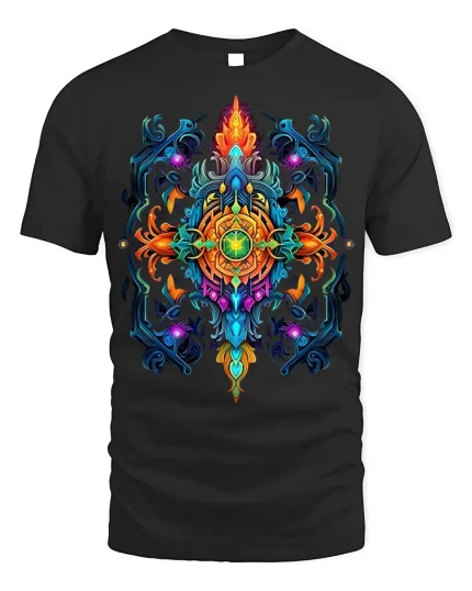 Vibrant Psychedelic Mandala T-Shirt Artistic Tee - black t-shirt on white background