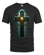 Glowing Ornate Cross T-Shirt Spiritual Faith Tee - black t-shirt on white background