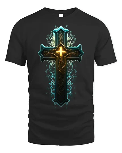 Glowing Ornate Cross T-Shirt Spiritual Faith Tee - black t-shirt on white background