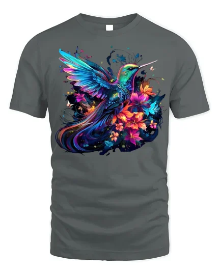 Radiant Hummingbird and Flowers T-Shirt Nature Tee - gray t-shirt on white background