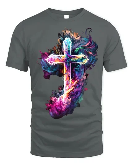 Vibrant Smoke Cross T-Shirt Spiritual Art Tee - gray t-shirt on white background
