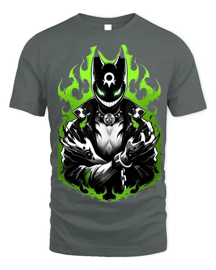 Neon Flame Masked Figure T-Shirt Edgy Graphic Tee - gray t-shirt on white background