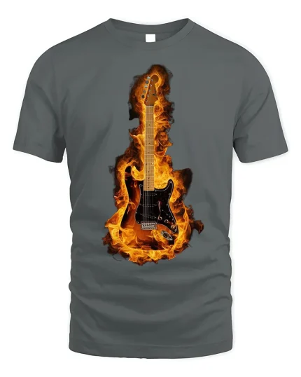 Flaming Guitar T-Shirt Rock Music Lover Tee - gray t-shirt on white background