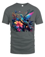Vibrant Hummingbird and Floral T-Shirt Nature Lover Tee - gray t-shirt on white background