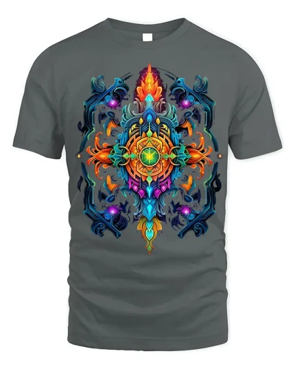 Vibrant Psychedelic Mandala T-Shirt Artistic Tee - gray t-shirt on white background