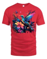 Vibrant Hummingbird and Floral T-Shirt Nature Lover Tee - red t-shirt on white background